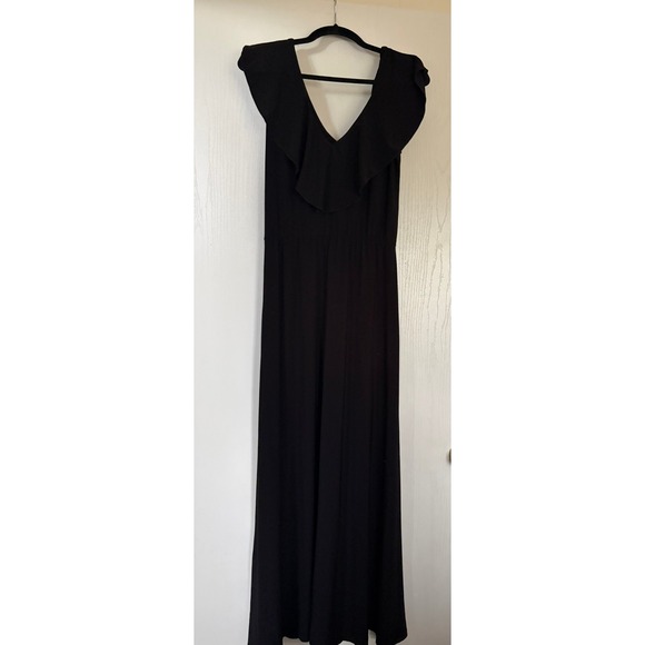 Nikki Poulos Black Ruffle V-Neck Sleeveless Maxi Dress Medium - Picture 2 of 3
